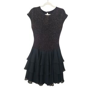 Black Shimmer Metallic Dot Tiered Ruffle Skirt Cocktail Dress Cap Sleeve 0188